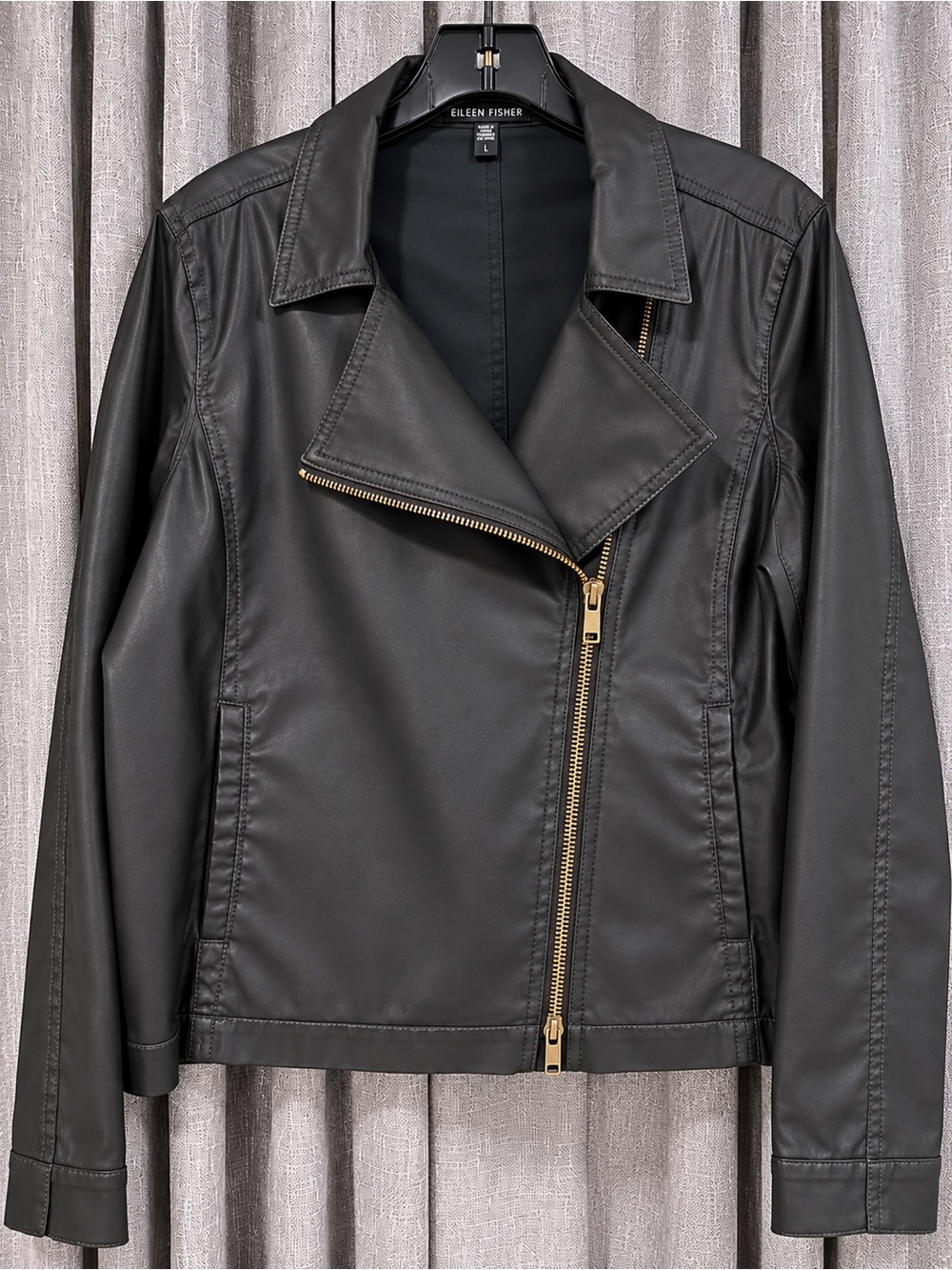 Eileen Fisher Black Coated Cotton Moto Jacket Gold Zip Size L